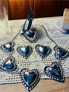 Sterling-Look Silver Heart Statement Necklace, Earrings and Bracelet Set